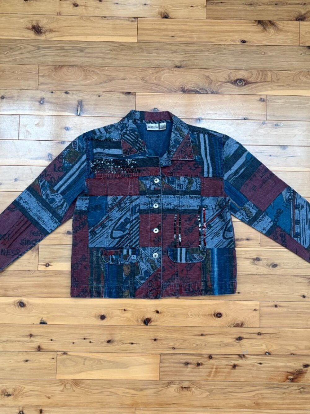 Chico’s Vintage Boho Patchwork Sequin Denim Jacket Size 1 M Newsprint Print